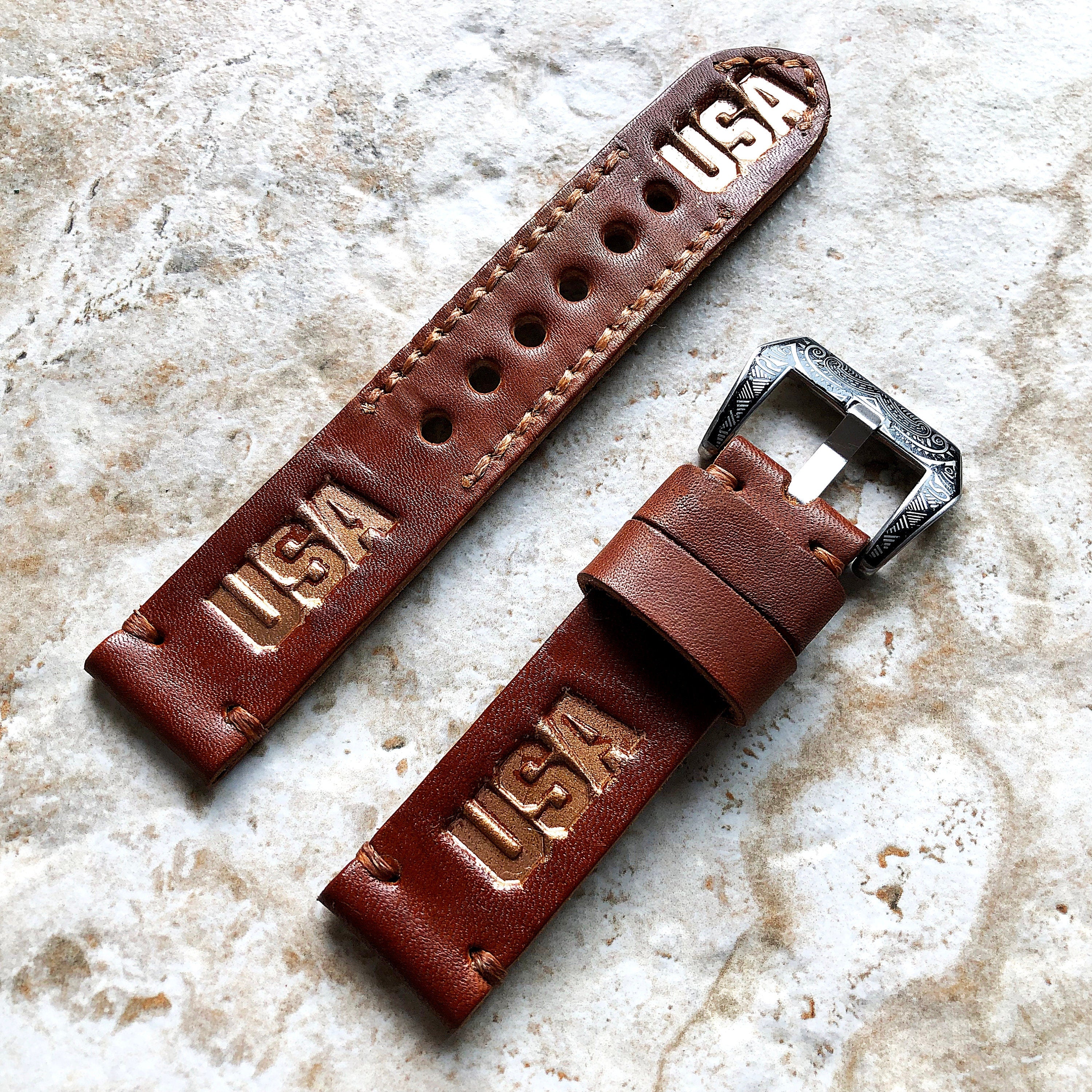 USA Band 22mm 24mm 25mm Compatible with Apple Watch Fitbit Versa 2 3 4 Sense 2 Ionic Accented Embossed Tooled Real Leather Handmade Strap